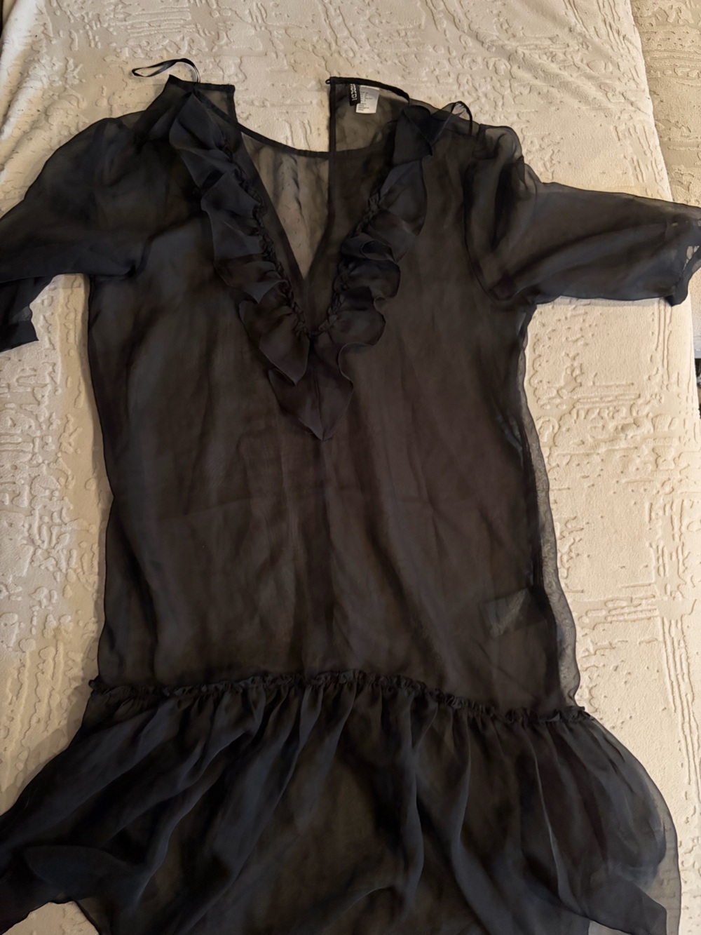 Divided Sheer Black Ruffle V-Neck Blouse Dress